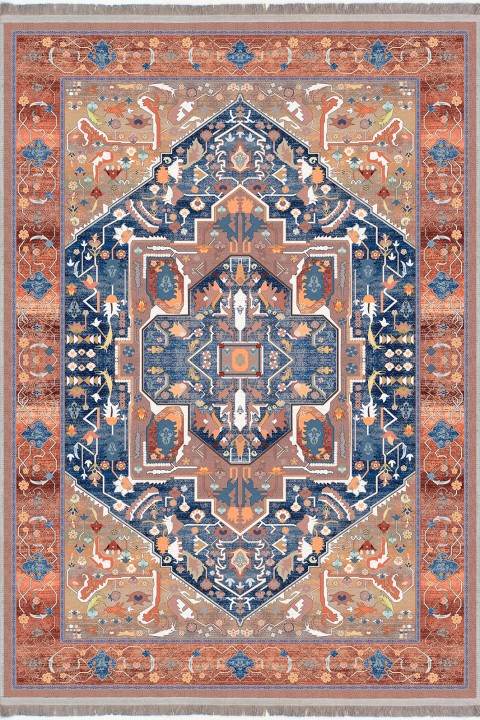 Alfombra 'Feliz' sobre fondo blanco, resaltando su textura y diseño que invitan al descanso y la contemplación. Ideal para añadir sofisticación y un toque de lujo clásico a cualquier sala de estar o comedor. Esta pieza es el complemento perfecto para una decoración elegante y atemporal. Lavable en lavadora, base antideslizante, sin pelusas e hipoalergénica.