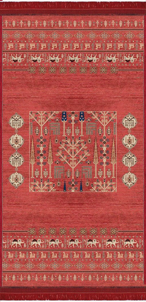 Alfombra 'Jardín Oriental' sobre un fondo blanco, destacando su intenso color rojo y el elaborado diseño central. Los patrones geométricos y florales en colores crema y azul añaden profundidad y un toque artístico, perfecta para cualquier entorno que busque lujo y calidez.