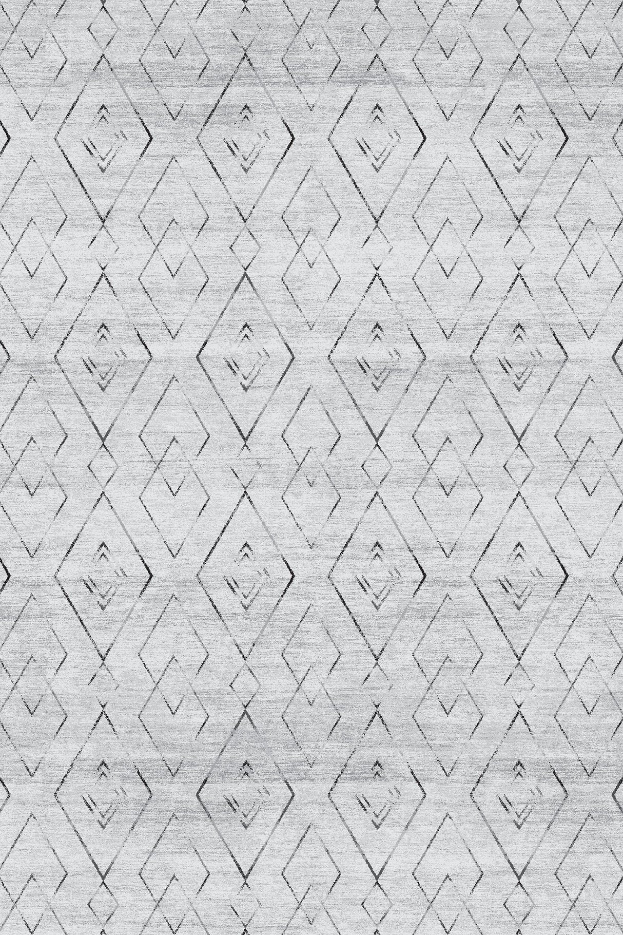 Alfombra 'Rhythm' sobre un fondo blanco, destacando su diseño geométrico con diamantes entrelazados. Los colores neutros la hacen versátil para cualquier decoración, y es lavable en lavadora para un mantenimiento práctico.