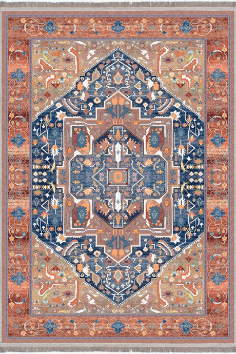 Alfombra 'Feliz' sobre fondo blanco, resaltando su textura y diseño que invitan al descanso y la contemplación. Ideal para añadir sofisticación y un toque de lujo clásico a cualquier sala de estar o comedor. Esta pieza es el complemento perfecto para una decoración elegante y atemporal. Lavable en lavadora, base antideslizante, sin pelusas e hipoalergénica.