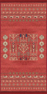 Alfombra 'Jardín Oriental' sobre un fondo blanco, destacando su intenso color rojo y el elaborado diseño central. Los patrones geométricos y florales en colores crema y azul añaden profundidad y un toque artístico, perfecta para cualquier entorno que busque lujo y calidez.