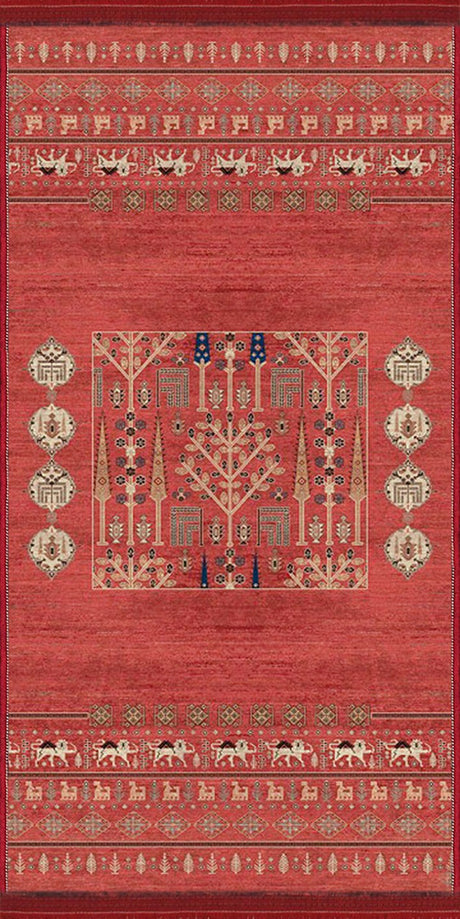 Alfombra 'Jardín Oriental' sobre un fondo blanco, destacando su intenso color rojo y el elaborado diseño central. Los patrones geométricos y florales en colores crema y azul añaden profundidad y un toque artístico, perfecta para cualquier entorno que busque lujo y calidez.