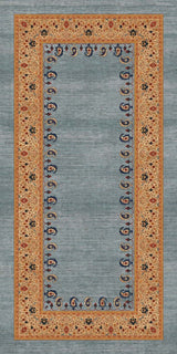 Alfombra exclusiva 'Cachemir' sobre un fondo blanco, mostrando su diseño ornamentado con patrones florales y de cachemira en tonos de naranja, beige y azul sobre un fondo gris. Ideal para añadir distinción y calidez a cualquier espacio. Lavable en lavadora, base antideslizante, sin pelusas e hipoalergénica.
