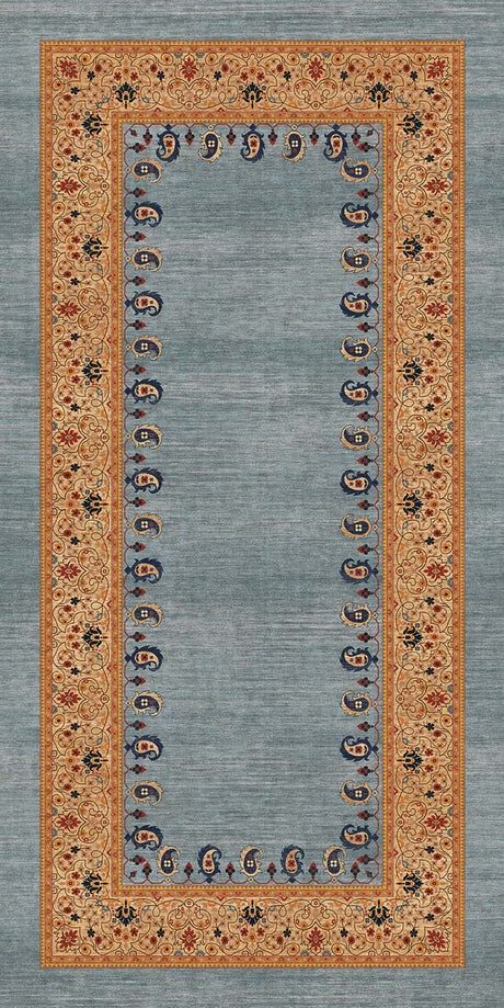 Alfombra exclusiva 'Cachemir' sobre un fondo blanco, mostrando su diseño ornamentado con patrones florales y de cachemira en tonos de naranja, beige y azul sobre un fondo gris. Ideal para añadir distinción y calidez a cualquier espacio. Lavable en lavadora, base antideslizante, sin pelusas e hipoalergénica.