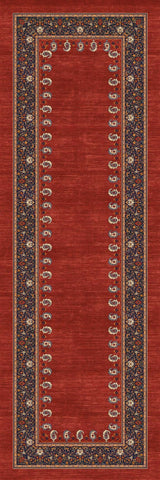 Alfombra persa 'Cachemir' sobre un fondo blanco, mostrando su vibrante tono rojo con detalles en azul marino, crema y naranja. El diseño intrincado y los motivos florales reflejan elegancia y lujo, ideal para añadir sofisticación a cualquier espacio. Lavable en lavadora, base antideslizante, sin pelusas e hipoalergénica.