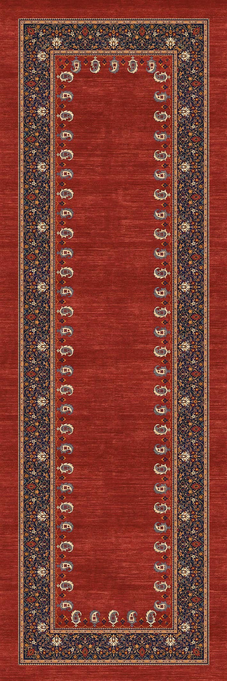 Alfombra persa 'Cachemir' sobre un fondo blanco, mostrando su vibrante tono rojo con detalles en azul marino, crema y naranja. El diseño intrincado y los motivos florales reflejan elegancia y lujo, ideal para añadir sofisticación a cualquier espacio. Lavable en lavadora, base antideslizante, sin pelusas e hipoalergénica.