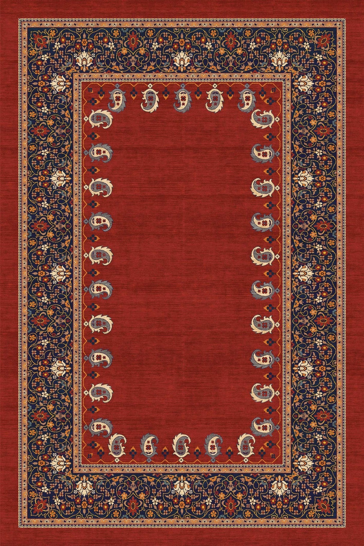 Alfombra persa 'Cachemir' sobre un fondo blanco, mostrando su vibrante tono rojo con detalles en azul marino, crema y naranja. El diseño intrincado y los motivos florales reflejan elegancia y lujo, ideal para añadir sofisticación a cualquier espacio. Lavable en lavadora, base antideslizante, sin pelusas e hipoalergénica.