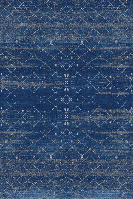 Alfombra 'Grace' sobre un fondo blanco, destacando su elegante color azul marino y patrones geométricos blancos que aportan un toque de sofisticación a cualquier decoración.